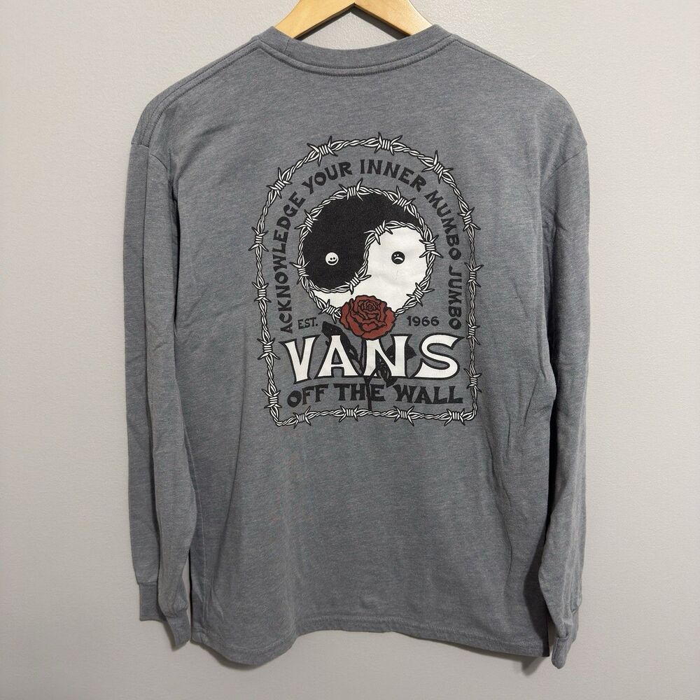 Vans Off The Wall Shirt Mens M Gray Skull Rose Graphic Long Sleeve Tee Grunge